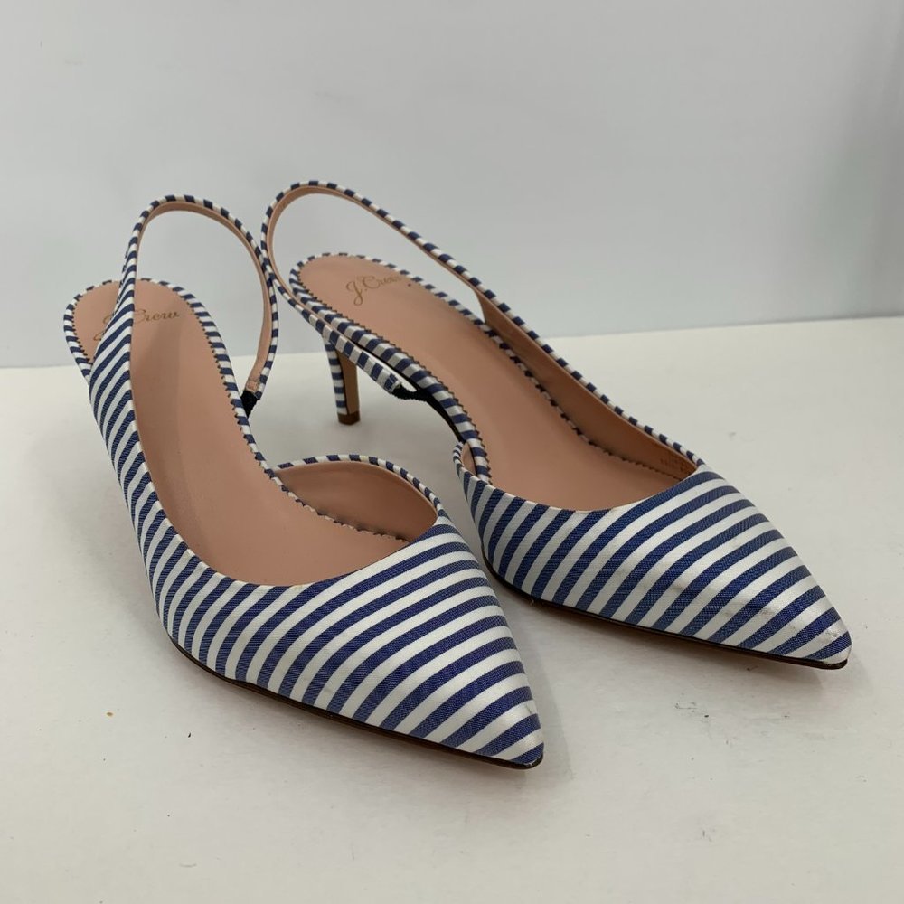 J Crew Colette blue white striped slingback heel shoe pointed toe kitten heel 8